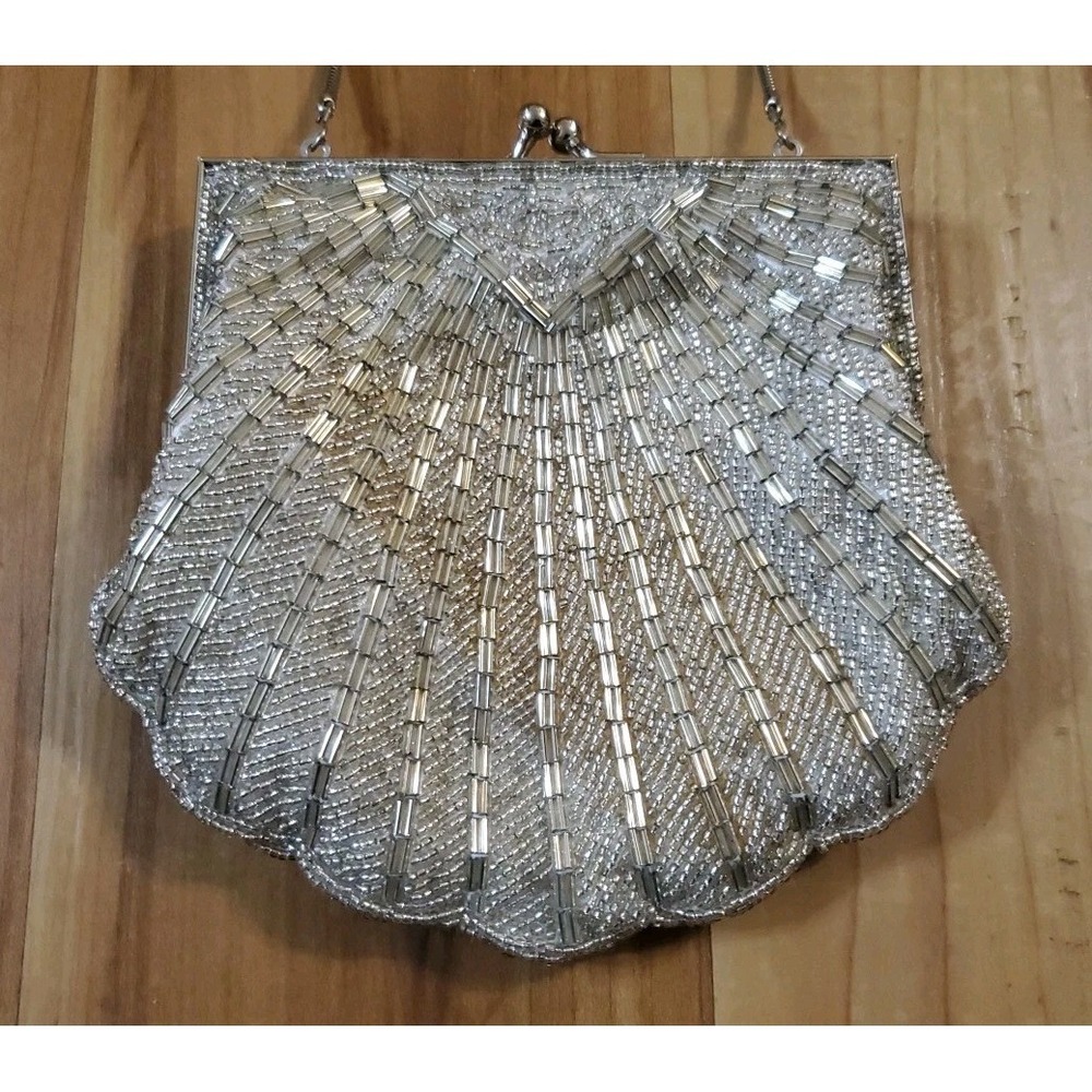 Silver Beaded Evening Clutch Purse Bag Crossbody Kiss Lock Retro Art Deco Style - Picture 2 of 8